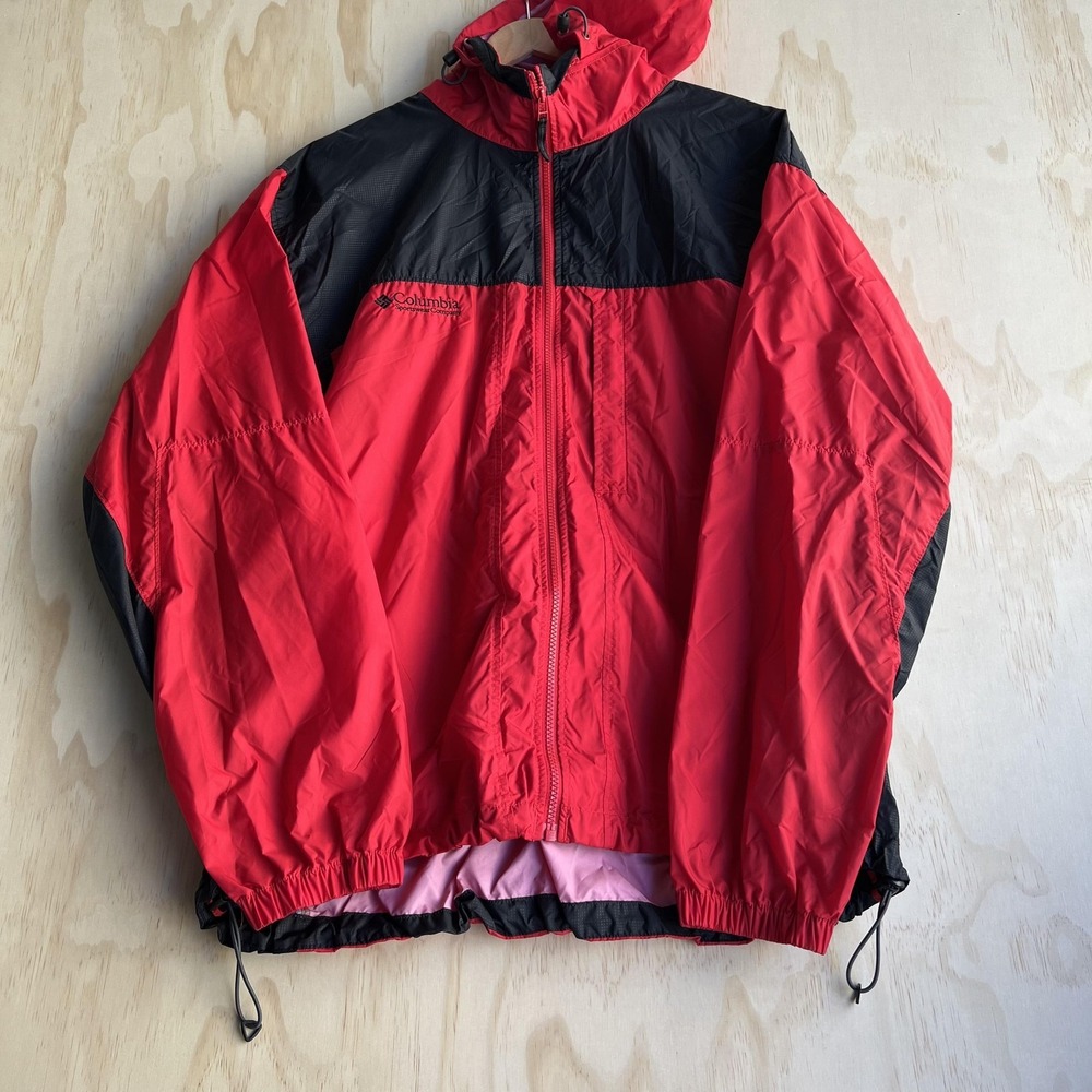 Columbia Jacket Mens XL Red Black Hooded Full Zip Windbreaker Packable RM2124